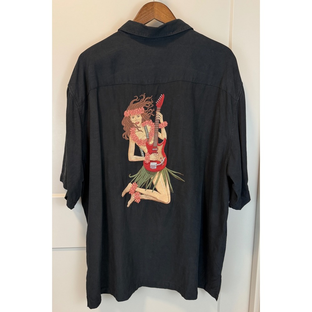Tori Richard Men's Silk Hawaiian Camp Shirt Black Embroidered Hula Dancer Sz 2XL